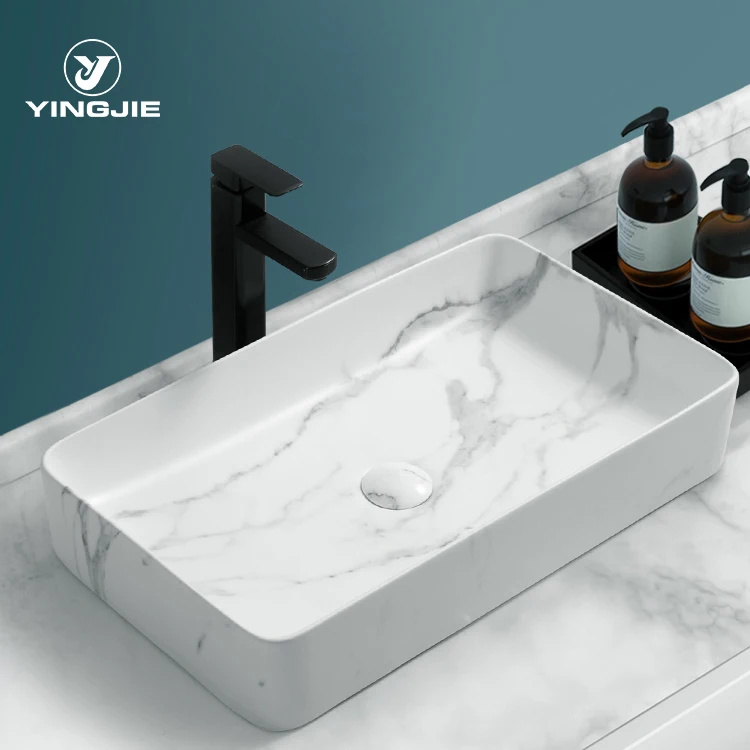 white marble design rectangle shape  commercial  ceramic bathroom wash basin made in china
