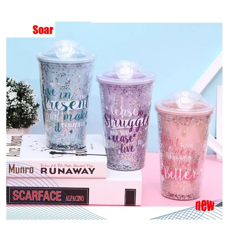 SOAR 16Oz горячая Распродажа двойная настенная цветная блестящая пластиковая чашка для питьевой воды с крышками и