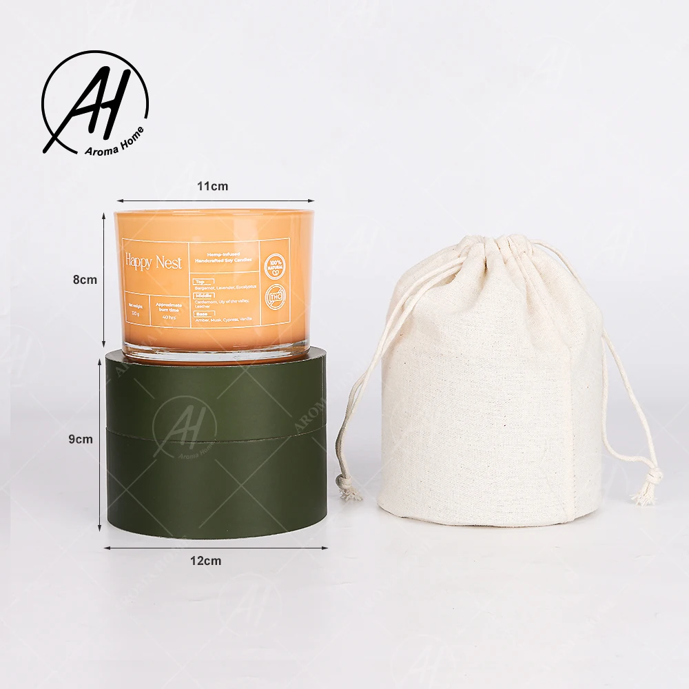 AROMA HOME Customized 5 Colors Bright Glass Jar Aromatherapy Soy Wax 3 Wicks Scented Candle With Rigid Box Cloth Bag
