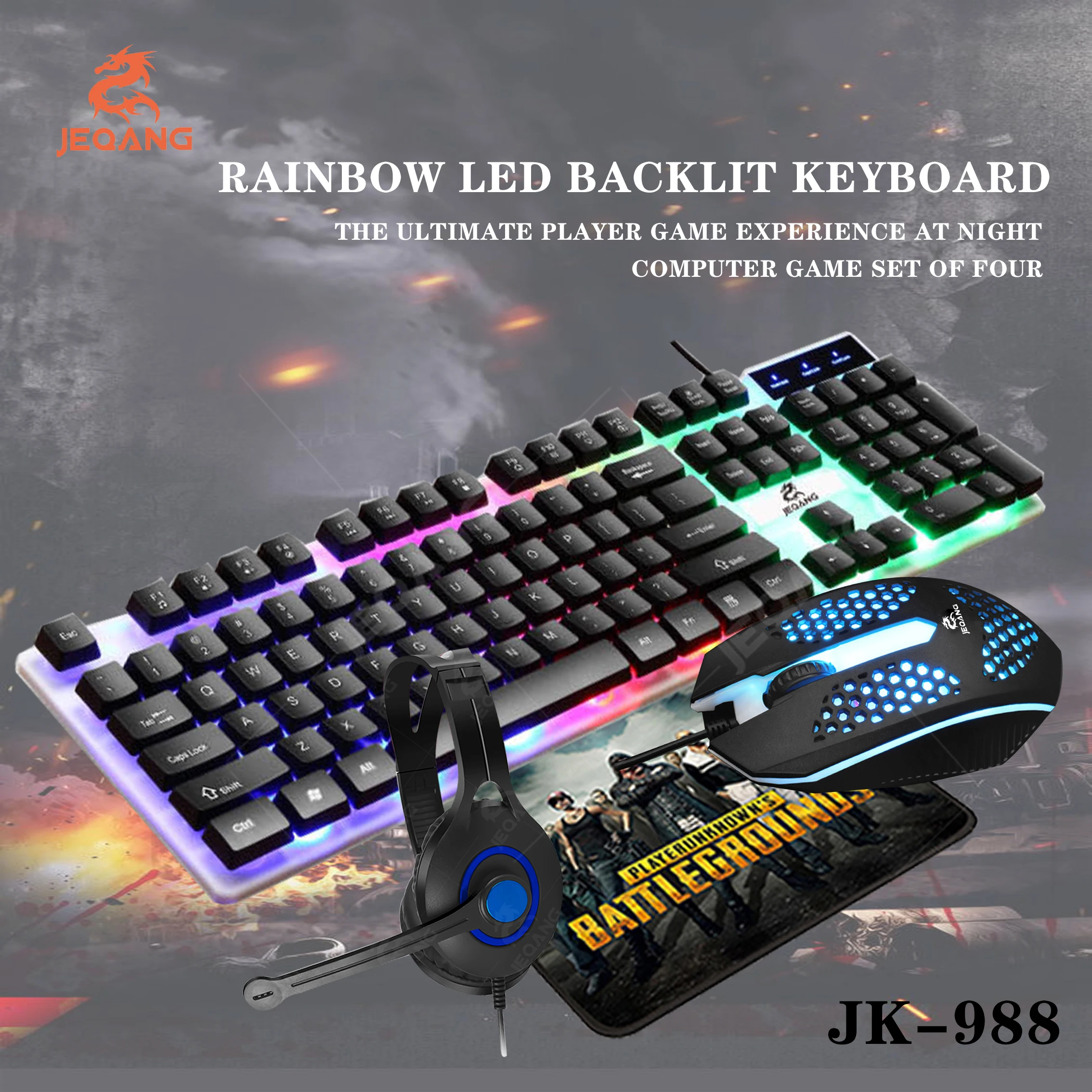 JEQANG JM-988 Hot Wholesale Backlit Keyboard 4 IN 1 Gamng Keyboard Mouse And Pad Wireless Combo For Mac Laptop Computer Parts