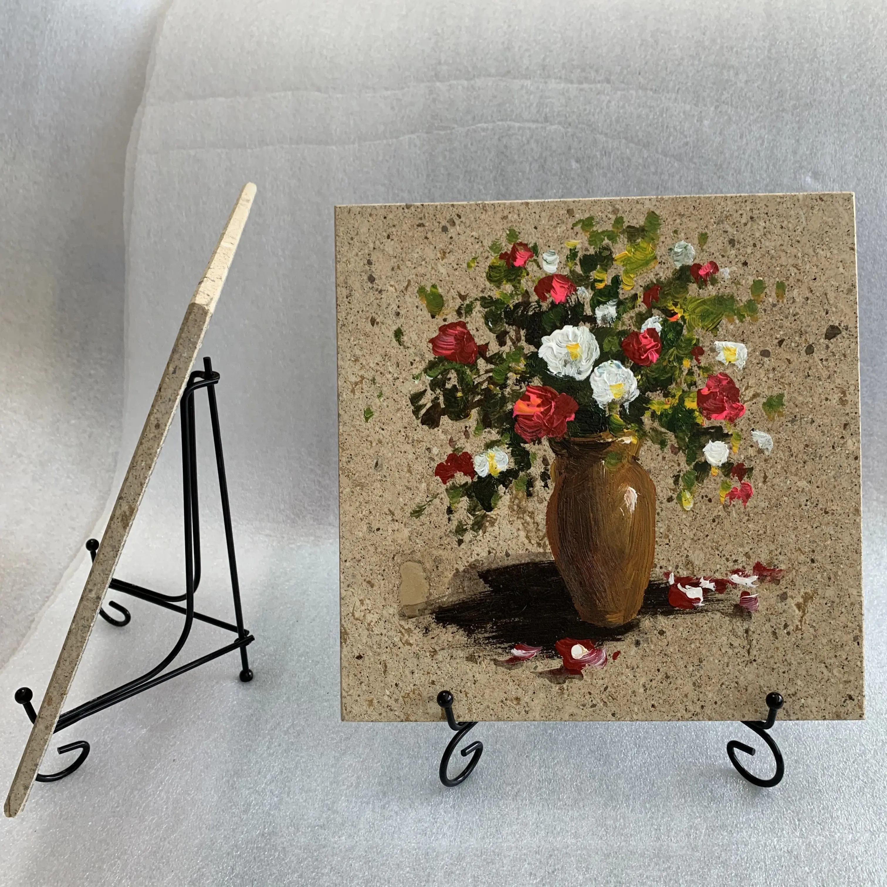 Картина маслом в виде цветка в вазе 25x25 см ручная роспись на каменных плитах