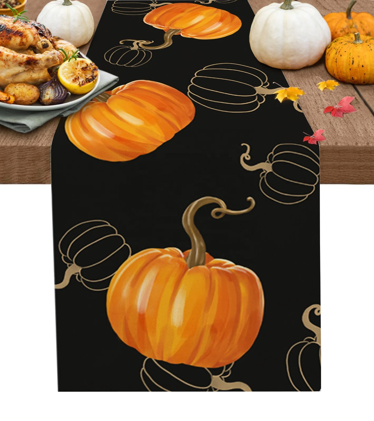 Amazon Supplier Autumn Teal Colored Pumpkins Table Runner Harvest Fall Dining Table Decoration