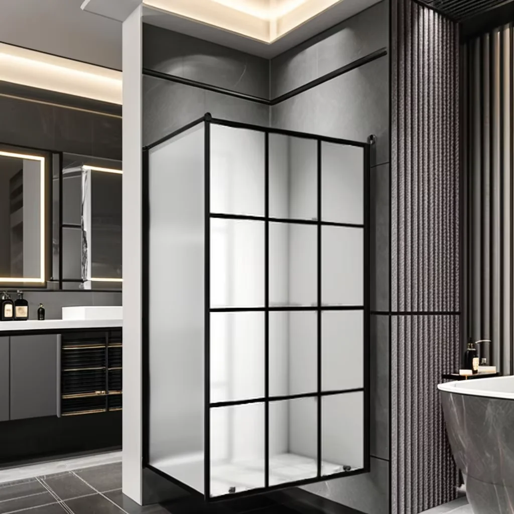 6mm Tempered Glass Silk Print Picture Black Stainless Steel Support Bar Shower Rooms Black Aluminum Alloy Profile Transparent