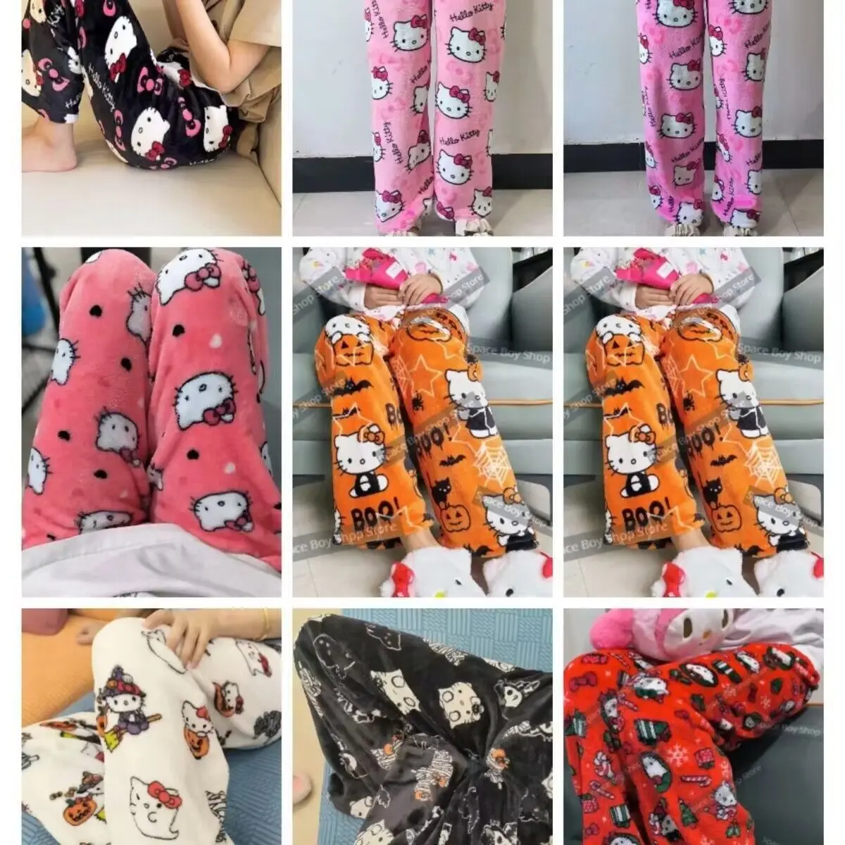 wholesale custom Cartoon Halloween Christmas Theme hello KT sleep bottoms Flannel Soft Trousers Home Wear Pajama Pants