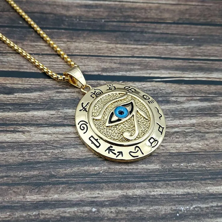 Eagle Head Round Gold Plated Egyptian Protection Necklace Eye of Horus Pendant