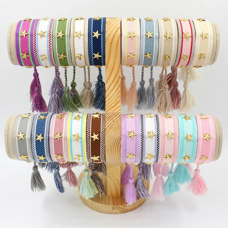 Metal star rivet ribbon woven tassel wrist strap with tassel handmade woven bracelet with texts