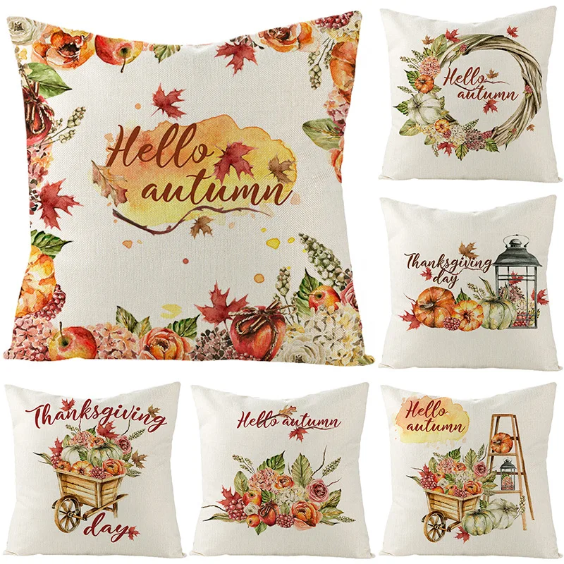 Orange Fall Throw Pillow Case 18x18 Inch Autumn Farmhouse Cute Pumpkin Hidden Zipper Thanksgiving Linen Cushion Covers