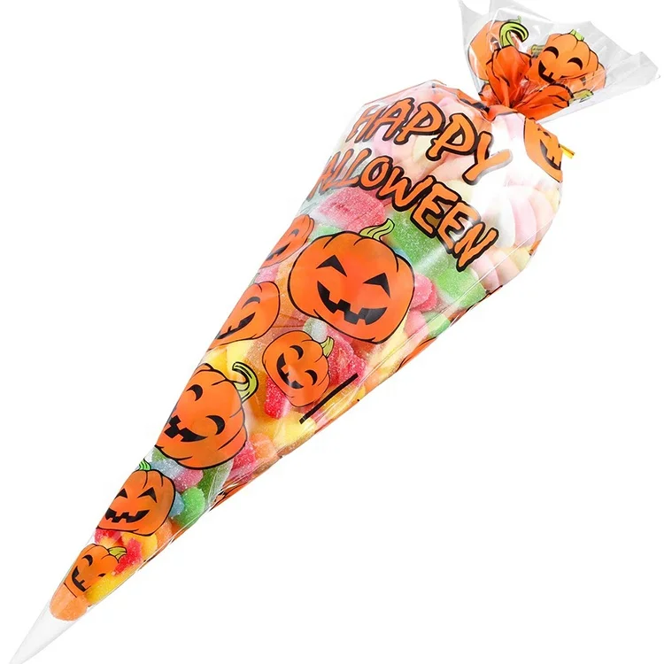 100 Counts Halloween Party Favor Multiple Usages Pumkin Patterned Cone Bag With Gold Twist Tie