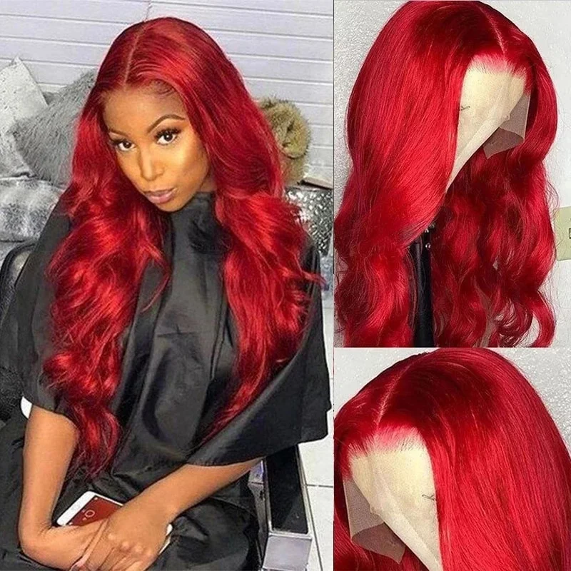 Wholesale Price Red Colored Brazilian Body Wave Human Hair Wigs Pre Plucked 13x6 Full Lace Frontal Wig For Black Women