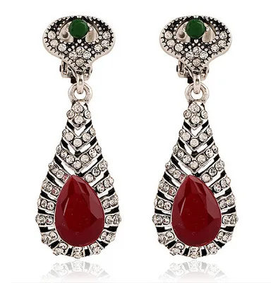 2020 Модные Винтажные серьги-клипсы с красными кристаллами в форме слезы для невесты не проколотые длинные висячие серьги женщин и девушек