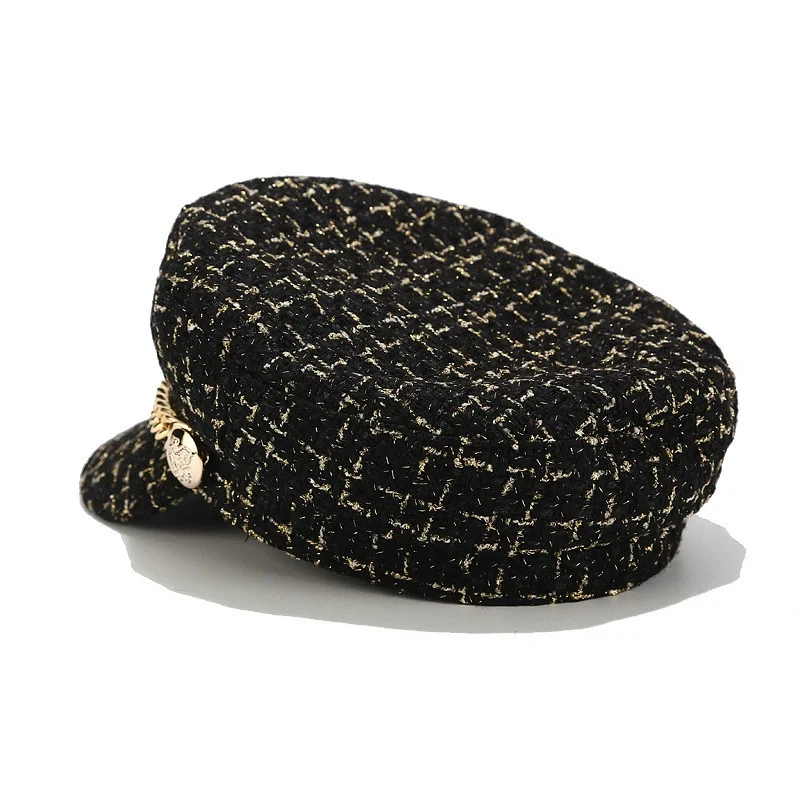 Ready To Ship Classic Women British Flat Top Army Cap Fashion Plaid Chain Military Hat Vintage Newsboy Beret Wholesale
