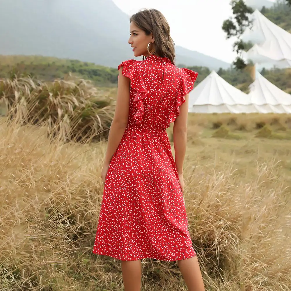  Womens Dress 2020 New Elegant Summer Chiffon Floral Print Ruffle A-line Sundress Casual Fitted Clothes Knees Dresses