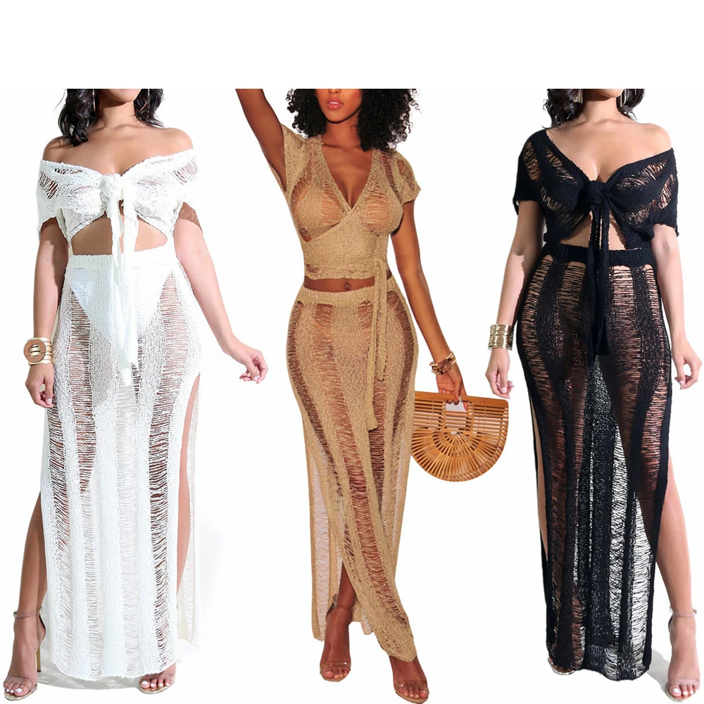 two pieces Club Knit Skirt Suits prom Crochet Women Sexy Maxi Dresses lady elegant bulk women clothing dress