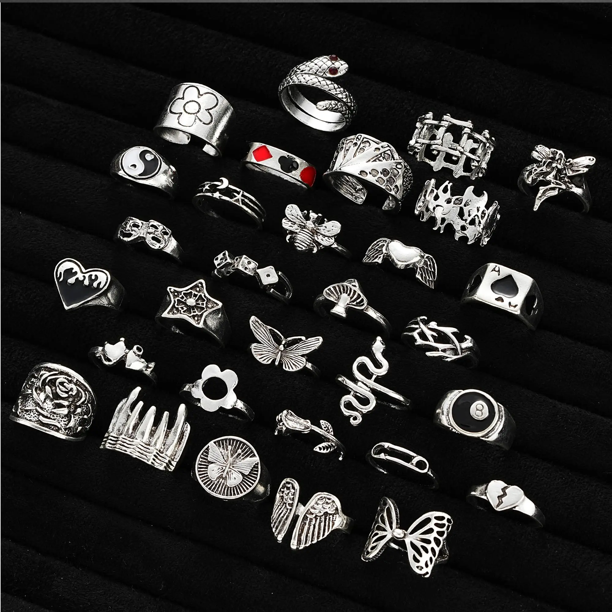 New 925 Sterling Silver Open Adjustable Retro Punk Black Ring Snake Bat Spider Shape Cool Gothic Halloween Ring for Unisex
