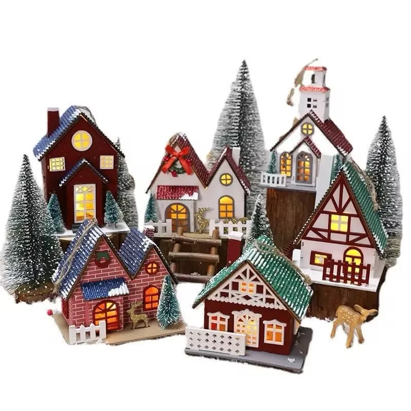 Christmas Snow House Mini Christmas Village Scene Light Up Building Wood Xmas Decorations for Home Party Decor