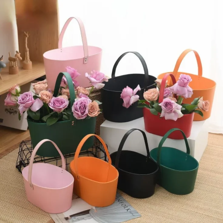 Custom logo luxury bouquet leather packaging cardboard boxes flower box rose paper gift packaging bucket flower box with handle