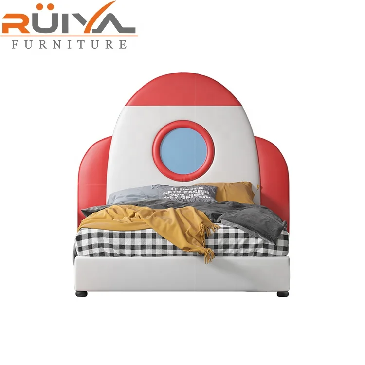 Unique design Solid wood frame rocket leather bed 1.2 1.5m Cartoon cute Bed for kids furniture