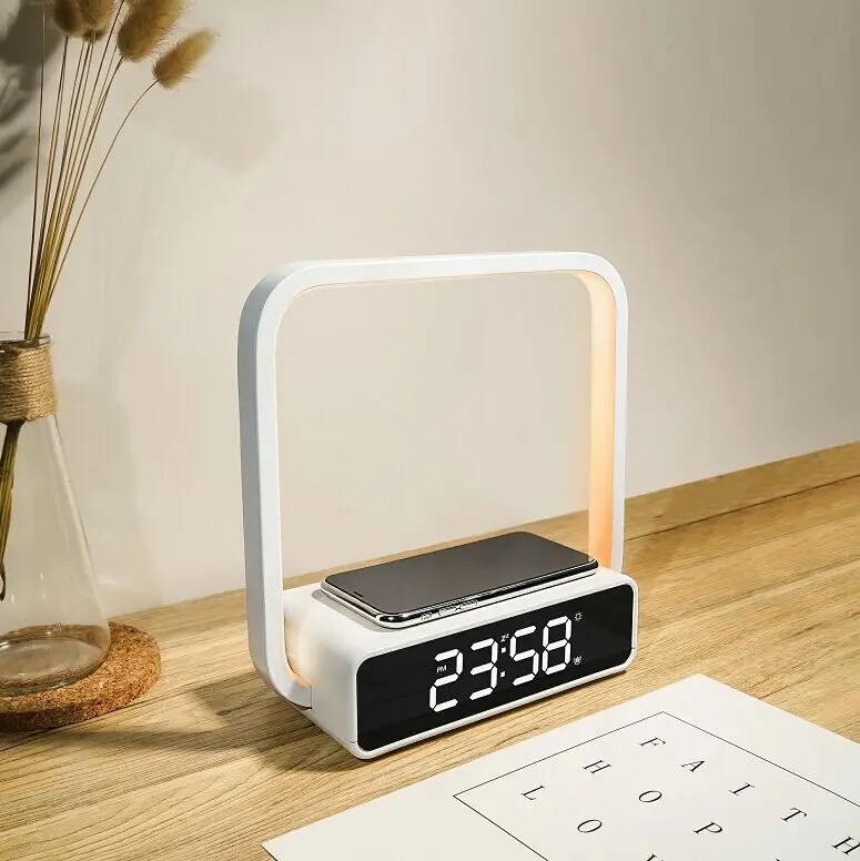 Modern Elegant Led Night Lamp Clock Wireless Charger Lamp With Lcd Display and Wake-up Light