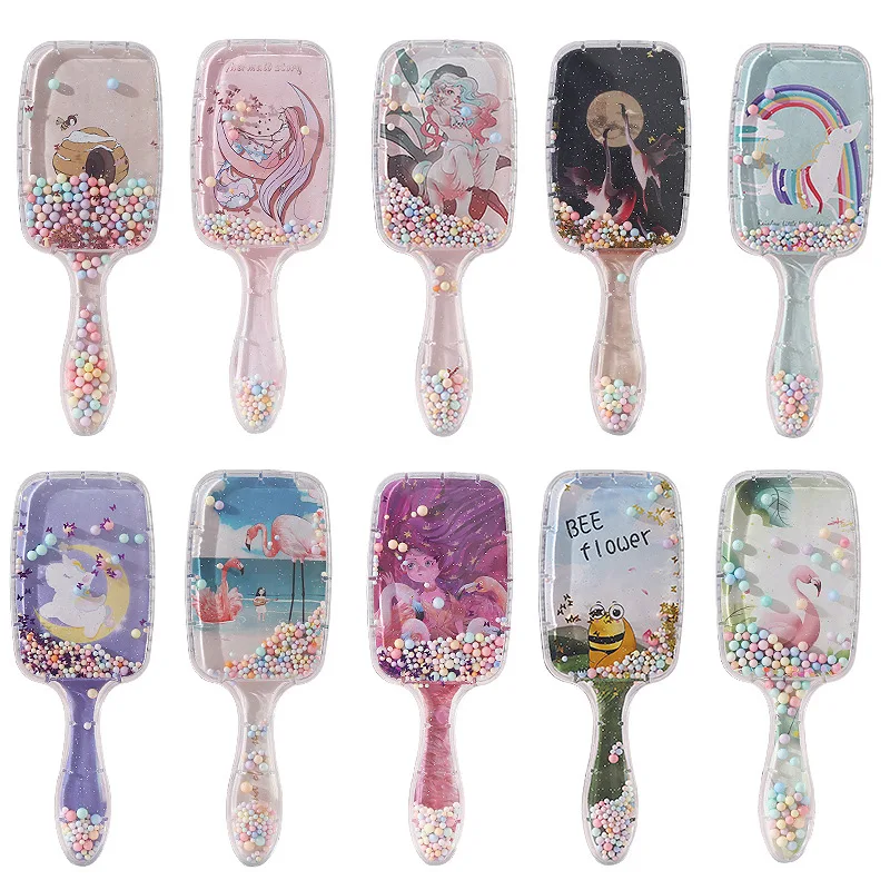 Custom Cartoon Square Paddle Massage Scalp Shiny Comb Bling Diamond Detangling Hairbrush Sequins Glitter Quicksand Hair Comb