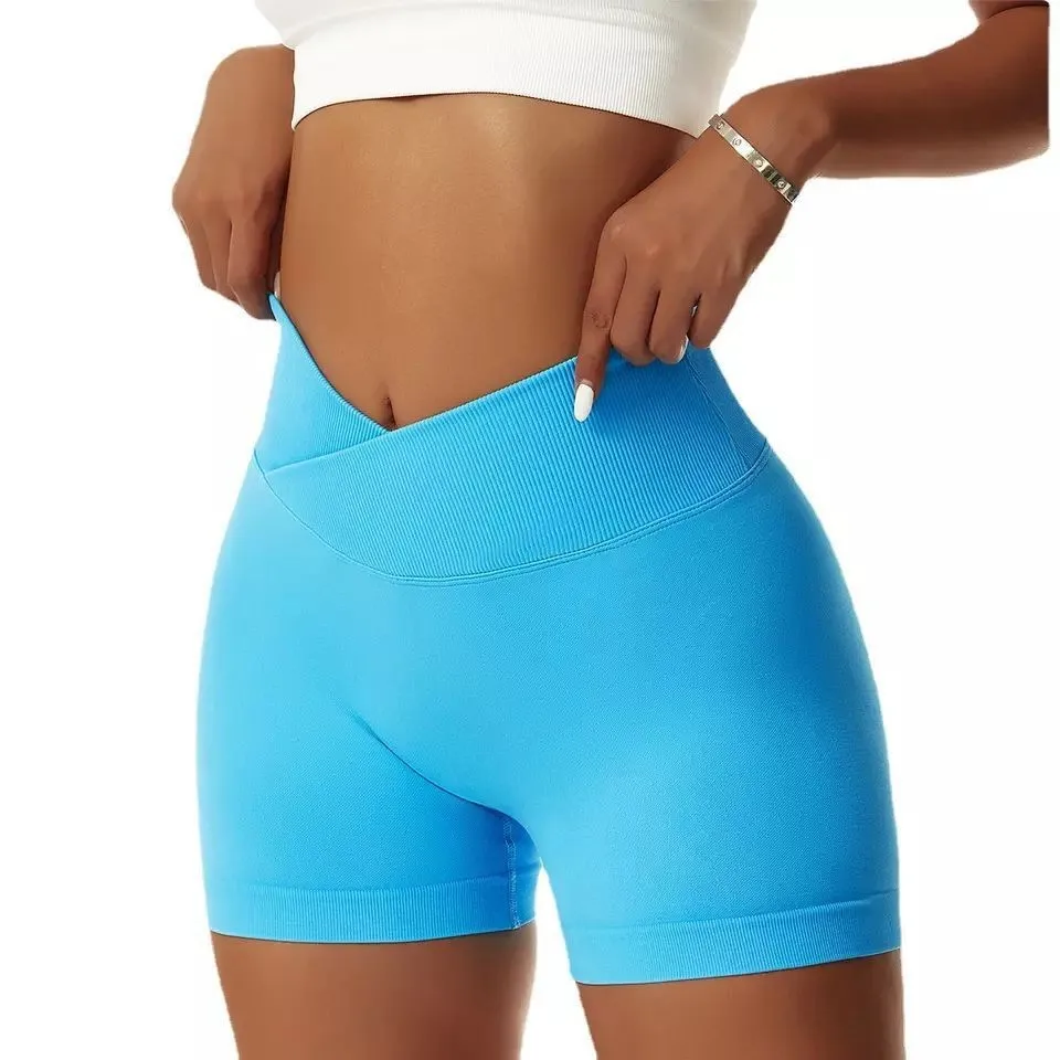Seamless Solid Color Cross Waist Peach Hip Yoga Shorts Running Fitness V cut biker short for Women