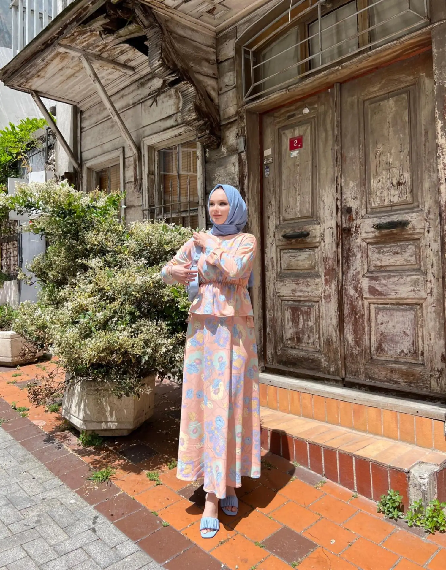 Women Modest Set Abaya Muslim Floral Printed Long Sleeve Blouse Loose Skirt 2 Piece Suit