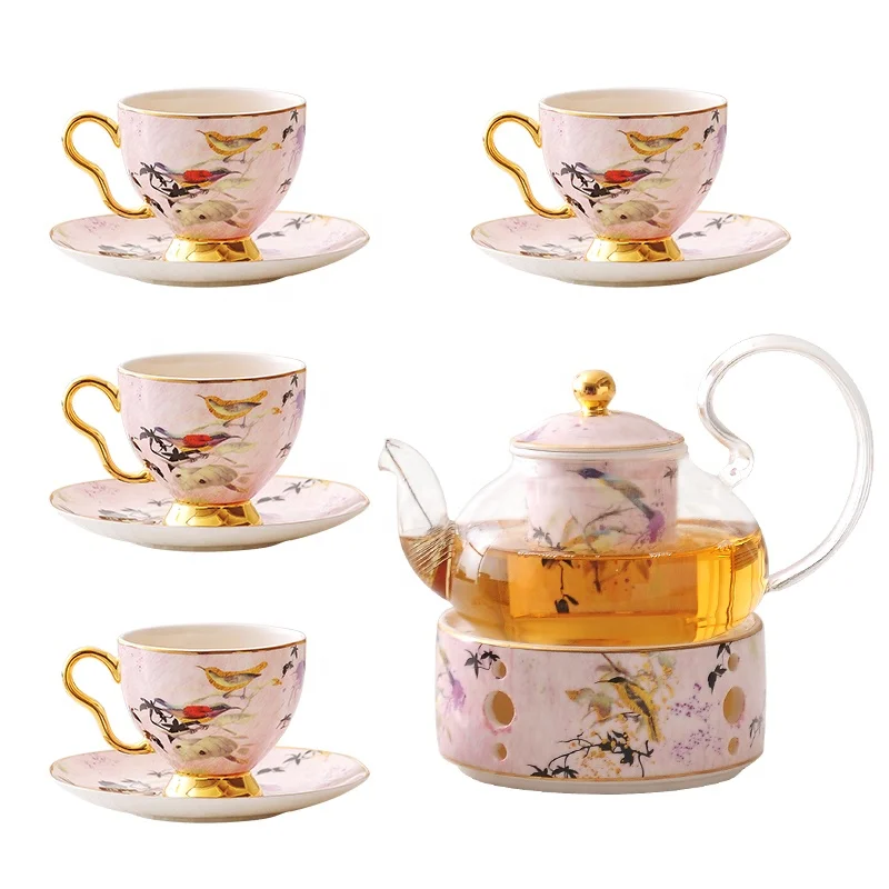 Country Style English Afternoon Tea Ceramic Glass Flower Tea Set Candle Heating Teapot With Filter Cup Set