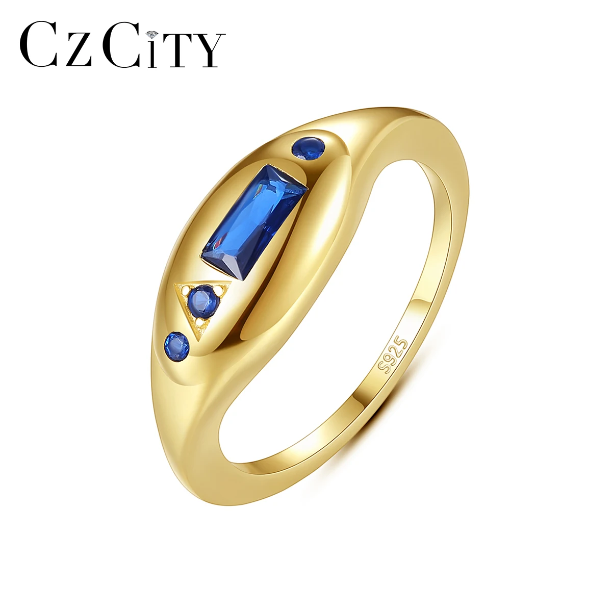 CZCITY Gold Plated 925 Sterling Silver Geometric Gemstone Ring Wedding Jewelry with Emerald Cut for Woman and Mens