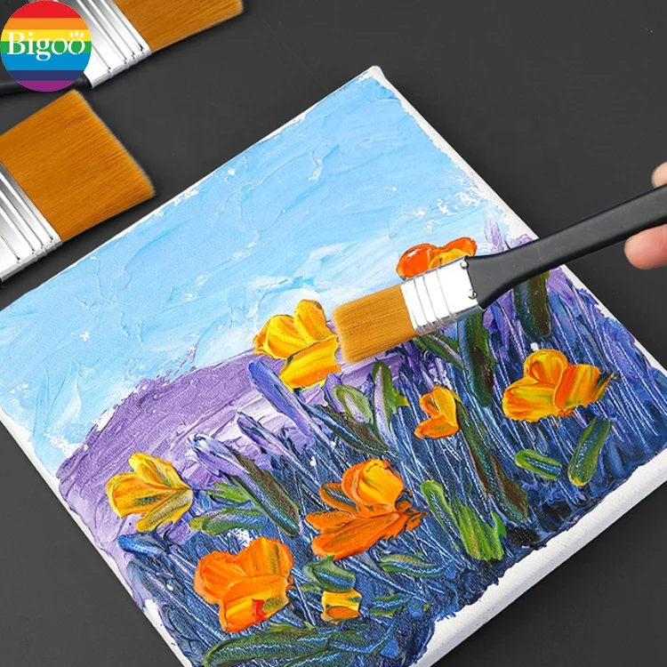 Customized black wooden handle flat nylon hair with mixed size professional artist painting brush for art supplies