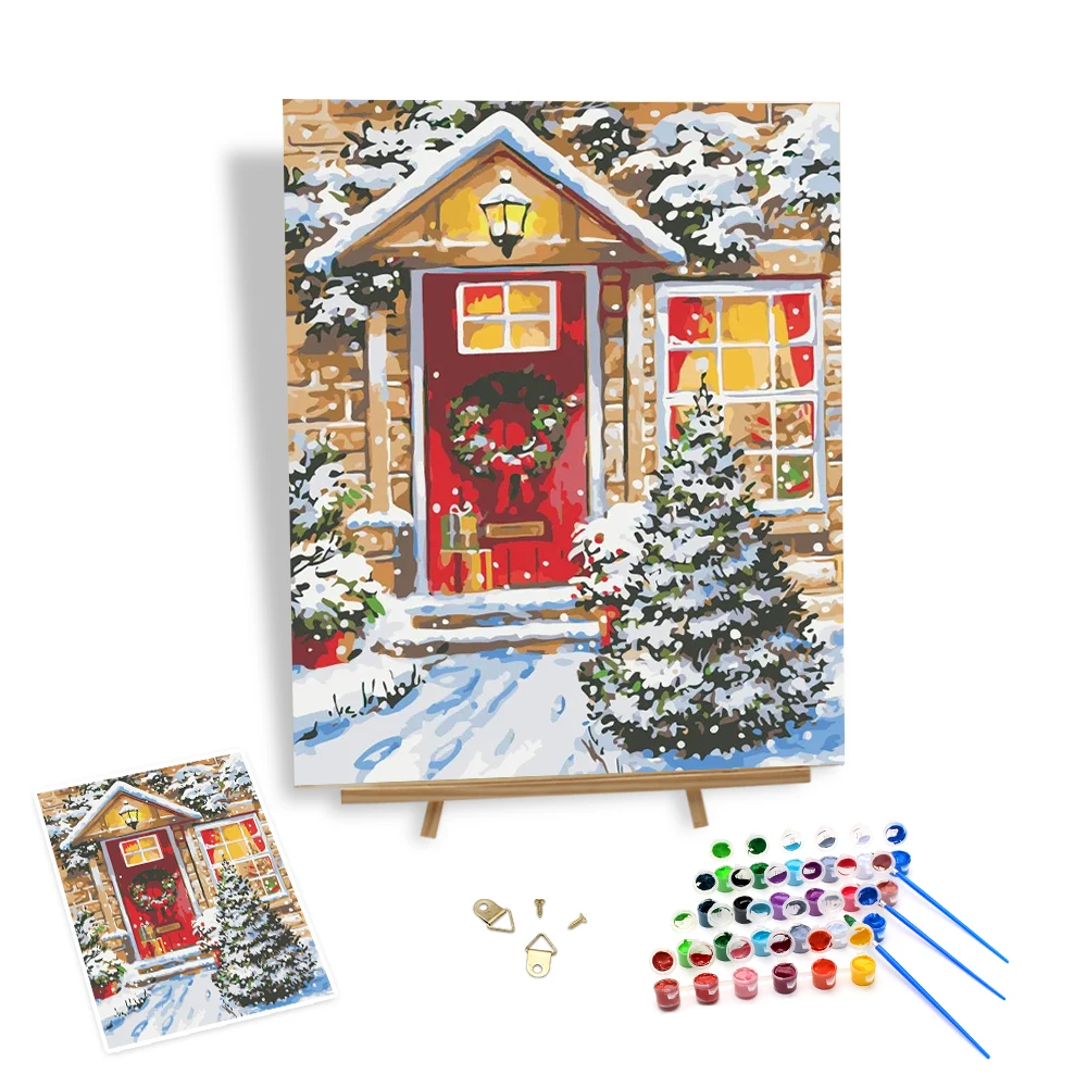 Christmas Picture Painting by Number Scenery Painting on Canvas Oil Painting Snow House Fine Festival Gifts