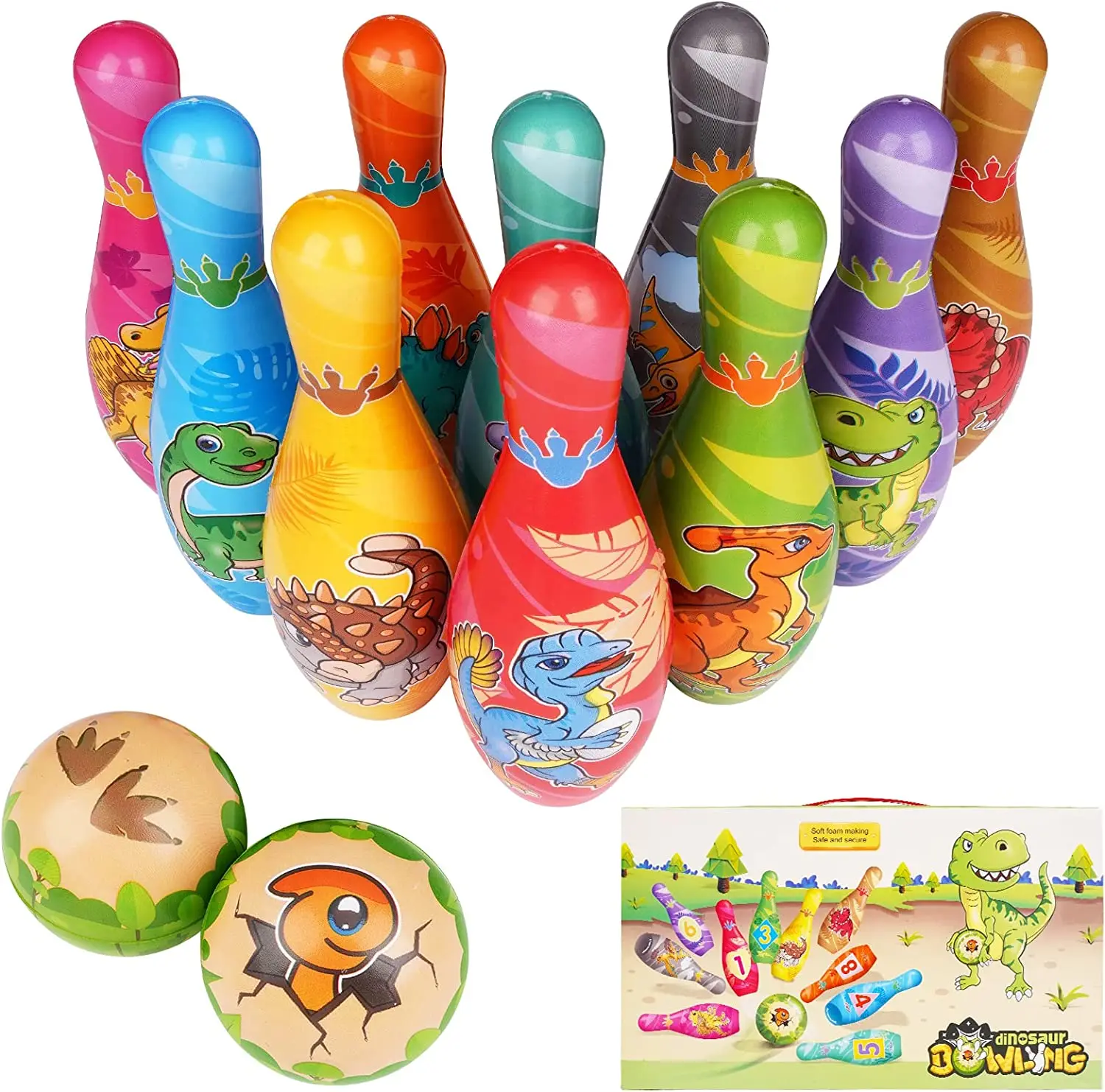 Indoor Outdoor Soft PU Foam 10 Pins and 2 Ball with Number for Kids Dinosaur Bowling Toys Set