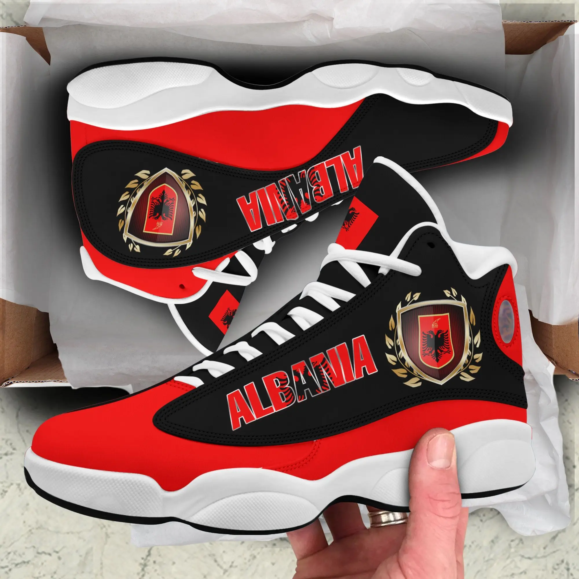 Wholesale 2024 Custom Logo Design Coat Of Arms Of Albania Black Red Sneakers Unisex Breathable Fashion Sport Shoes for Teams