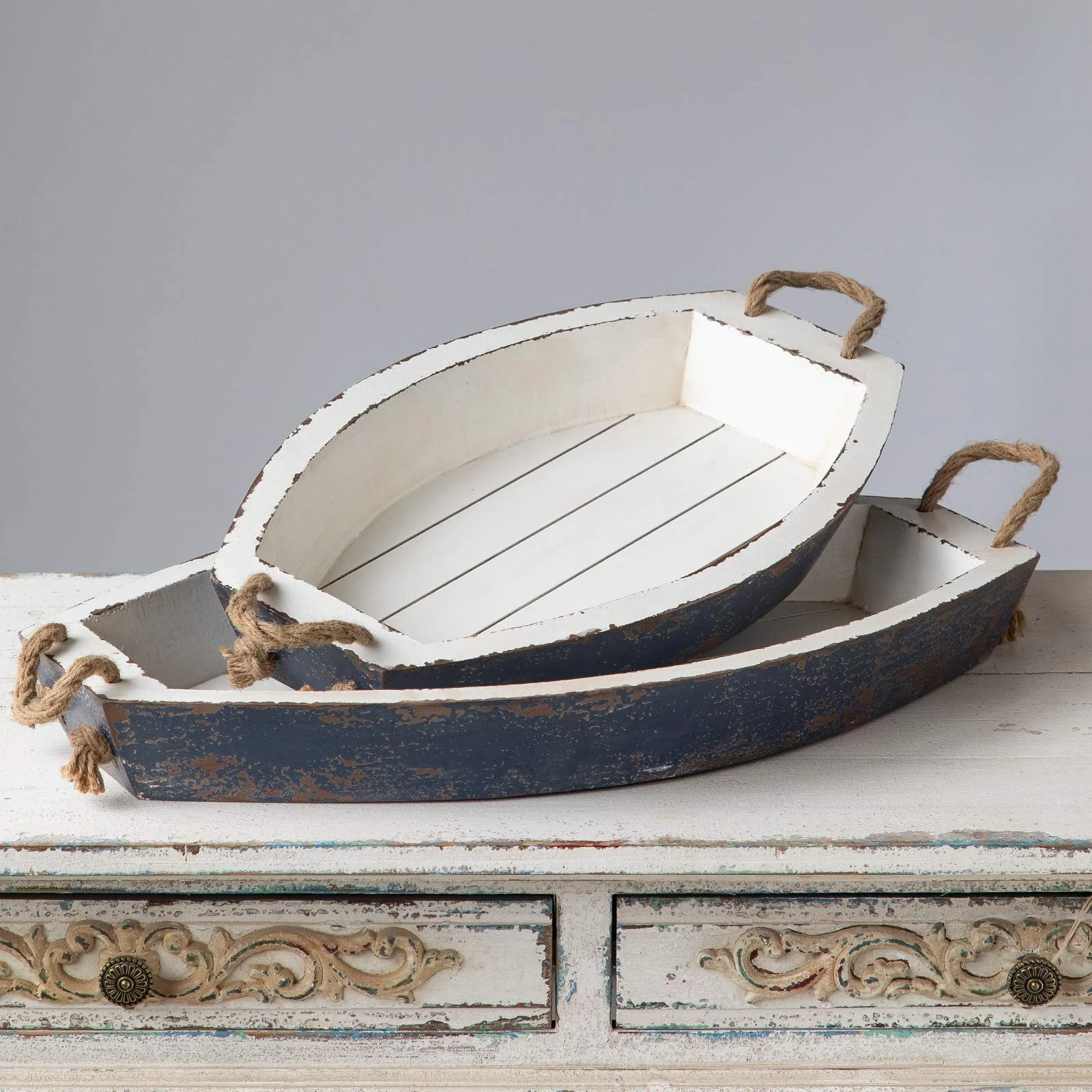 Set of 2 Rustic Style Nesting Wooden Boat Breakfast Platters Serving Trays With Belt Rope Handle