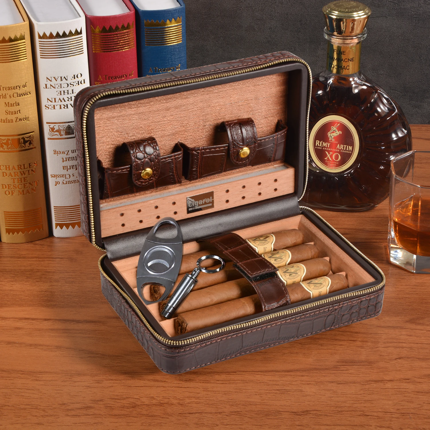 Factory Wholesale Cigar Travel Humidor Cedar Wood Leather Cigar Case with Cigar Accessories Gift Set