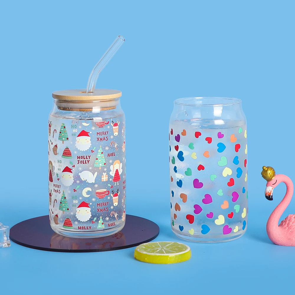 Clear water cold boba coffee drinking frosted beer can cup glass tumbler with bamboo lid and straw