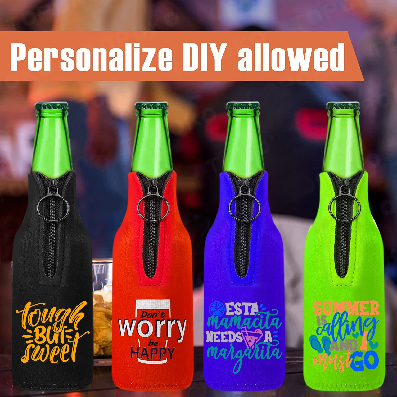 Custom Logo Design 330ML Waterproof Neoprene Beer Bottle Cooler Sleeve Insulator with Zipper
