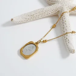 Vintage 18K Gold Plated Magic Mirror Stainless Steel Rose Flower Round Beaded Chain Pendant Necklace