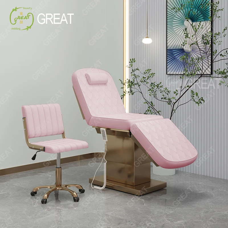 High End Golden Stainless Steel Base Pink Lash Bed Massage Table 3 Motor Electric Beauty Facial Bed For Sales