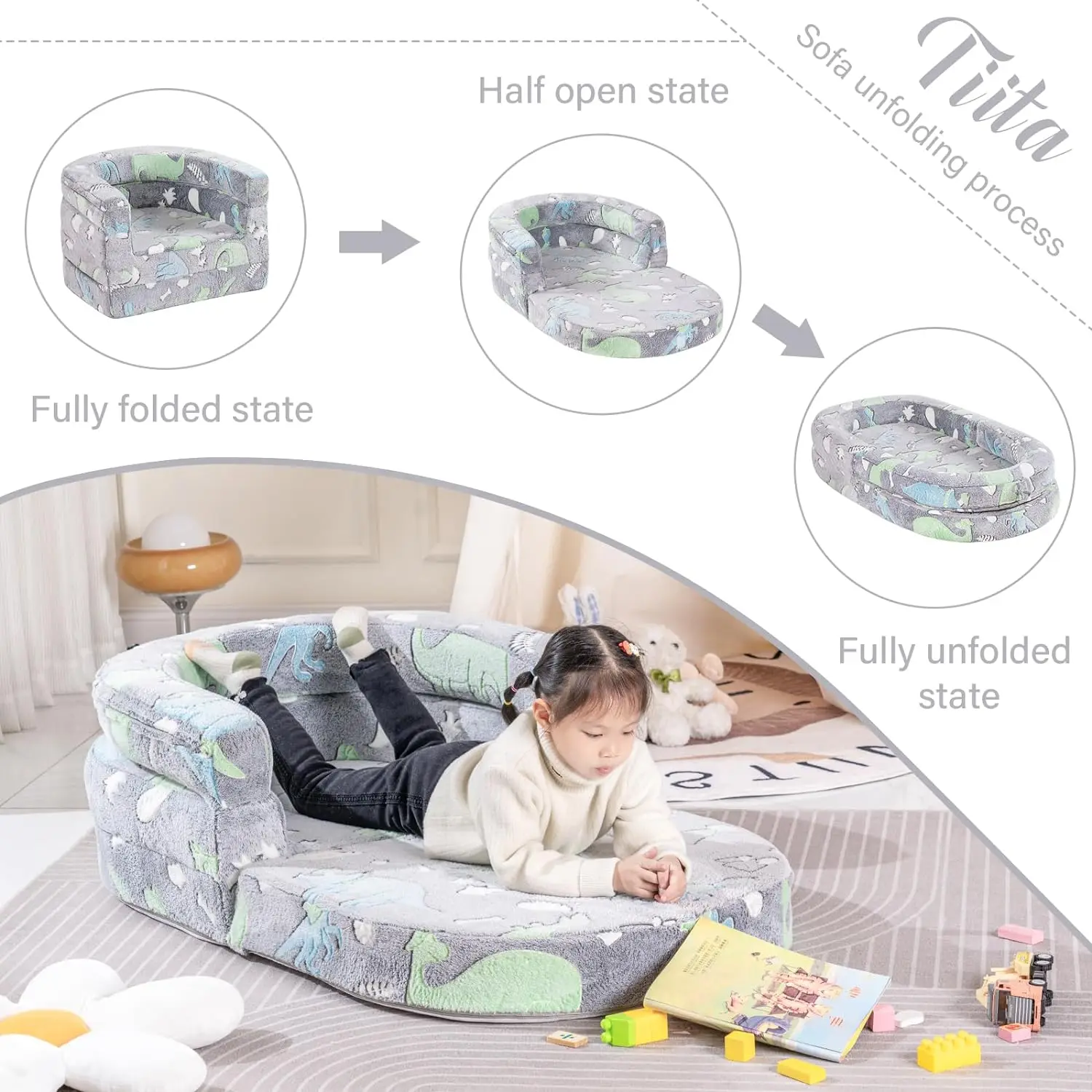 Convertible 3-in-1 High Density Foam Kids Couch Plush Toddler Chair Bed Toddler Reading Sofa Chair
