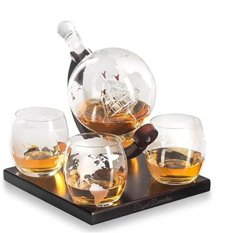 Custom Whiskey wine Decanter globe and glass Etched Globe whiskey decanter set with Wooden Base