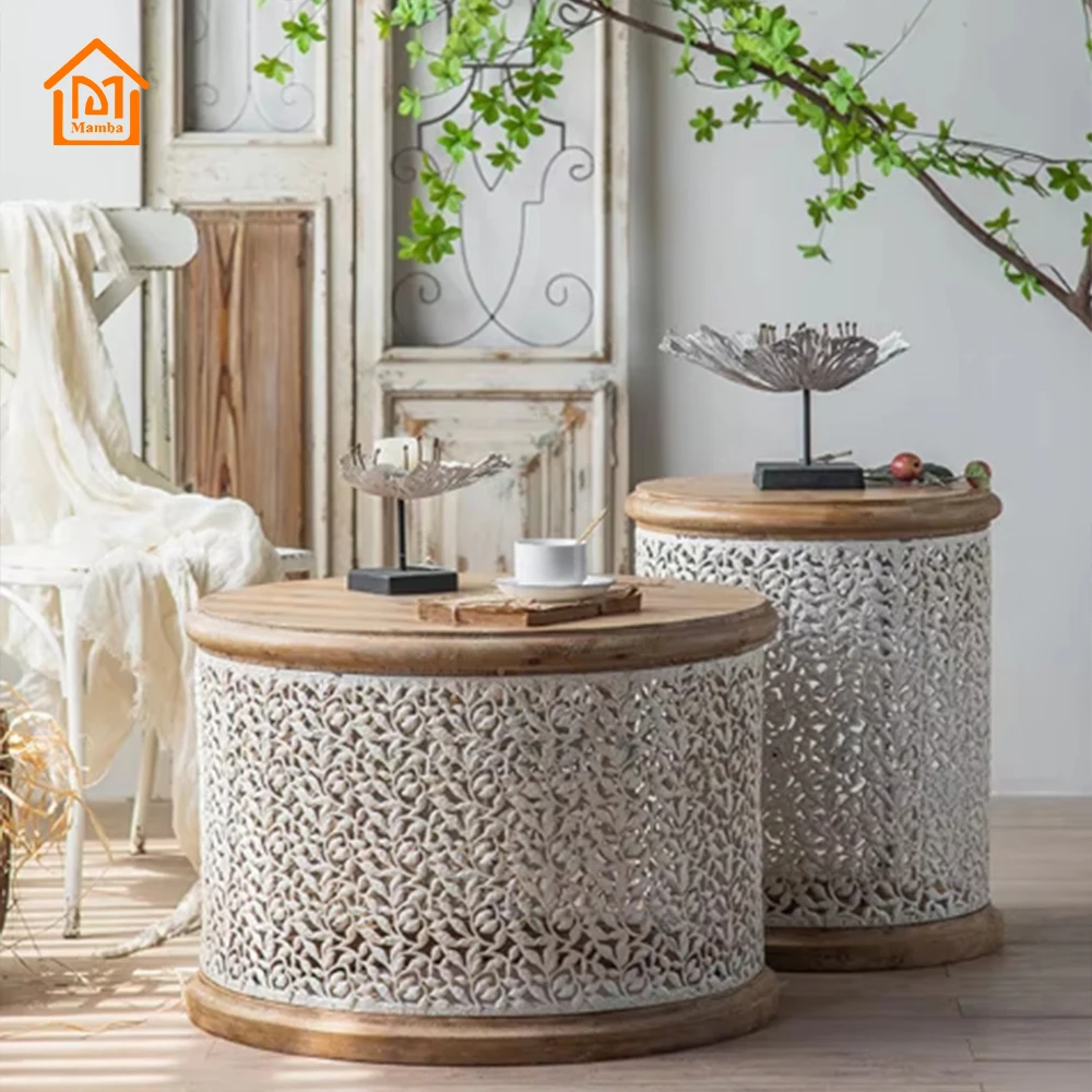 Multi-size White Design Wrought Iron Table Home Elegant Decor Small Furniture Antique Round Coffee