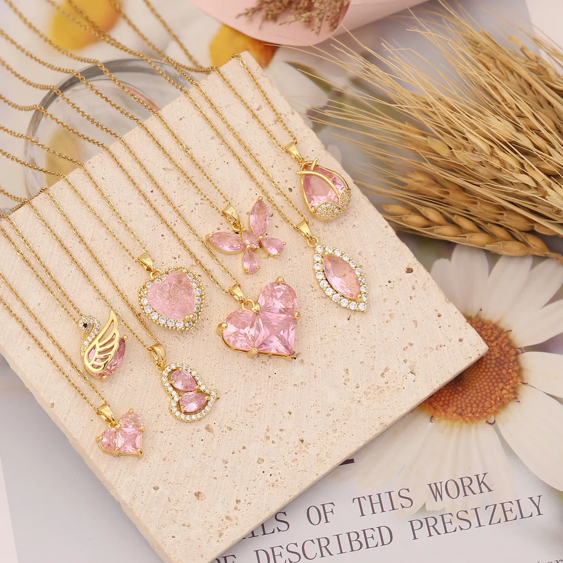 Hot sale gold plated  crystal flower pendant necklace stainless steel pink diamond pendant necklace for women