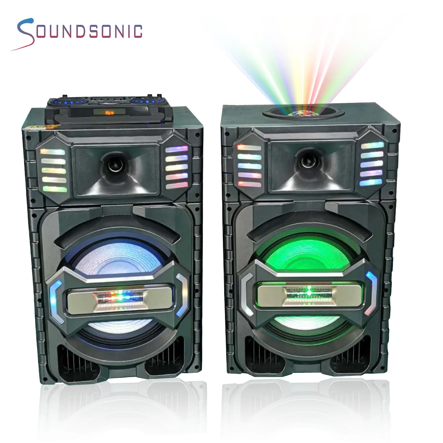 Hot sale big power 100W*2 stage speaker double 12 inch with  5 EQ active speaker with lamp ball