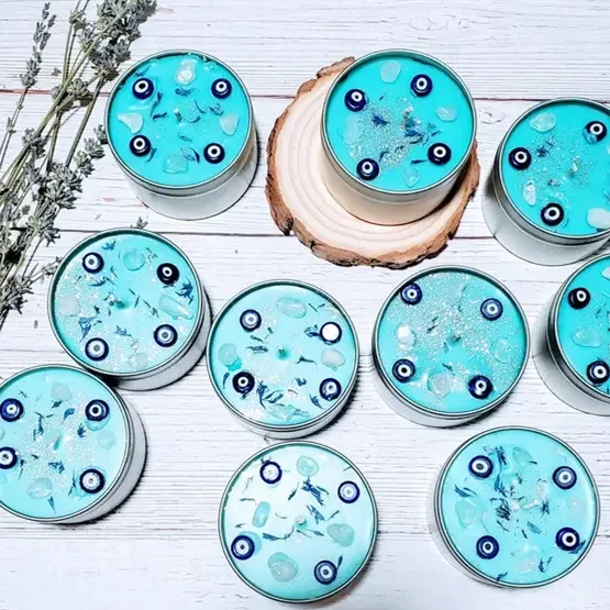 2023 New Features High End Fragrance Product Spiritual Blue Wax Evil Eye Crystal Infused Candles