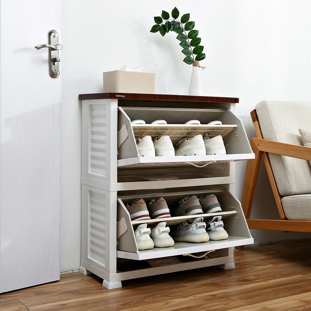High Quality new plastic shoe storage cabinet with MDF wooden top