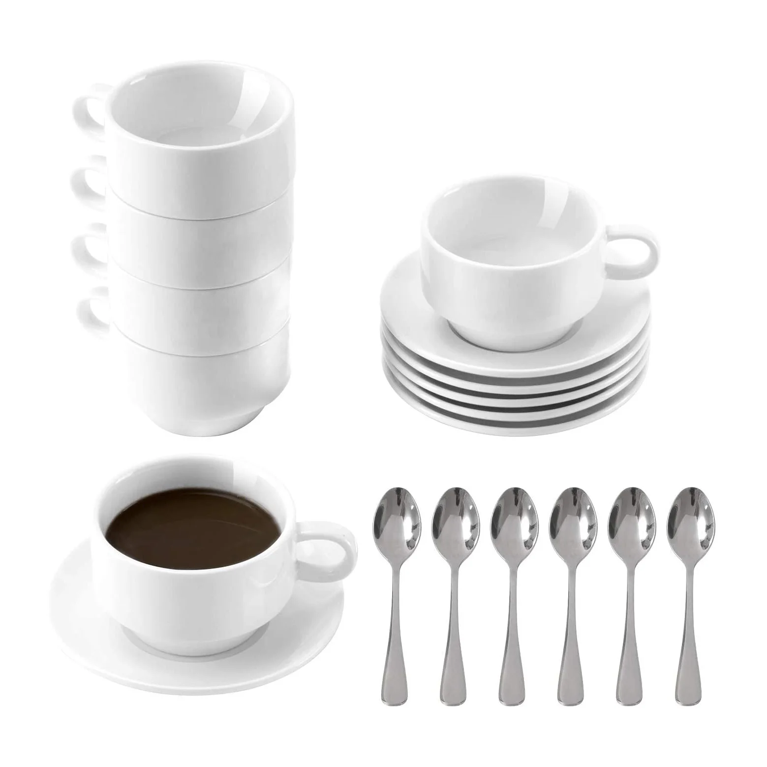 
3.5 oz white stackable Small tiny Demitasse porcelain Espresso handled Cup set of 6 with Saucers and Spoons 