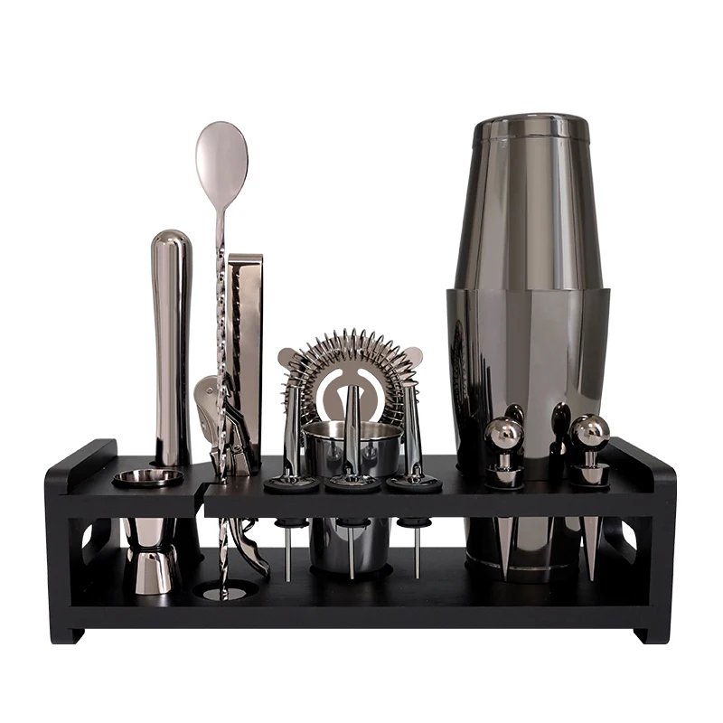 Factory Direct Wholesale black silver color stainless steel wine bartending set with holder home wine bar set