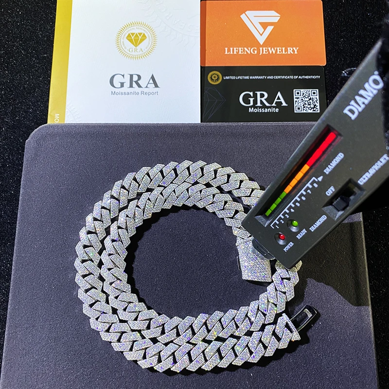 Hip-Hop Iced Out Moissanite Cuban Link Chain  White Gold Plated 15mm Diamond Fashion Jewelry Necklace