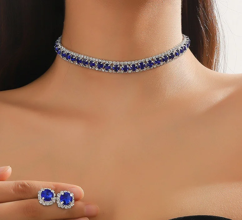 Luxury Jewelry Sets 2023 Claw Chain Rhinestone Necklace Earrings Brass Silver Set Wedding Emerald Jewelry Set For Women