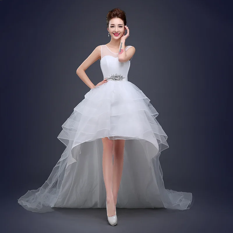 2019 New Korea style Sexy Front Short Back Long Sleeveless Princess Lace High low Wedding dresses with long tail