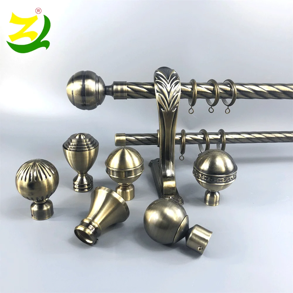 
ZELUAN Window antique brass twisted metal Double Curtain Rods Sets Aluminum Alloy Finials Accessories Wholesale 